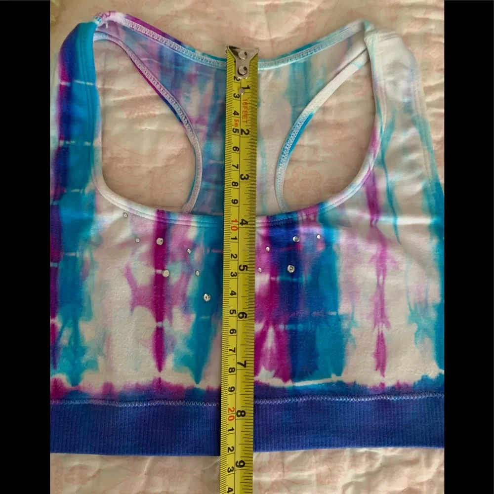 Justice Sports Bra Girls Blue Purple White Tie Dye Racer Back Rhinestone
